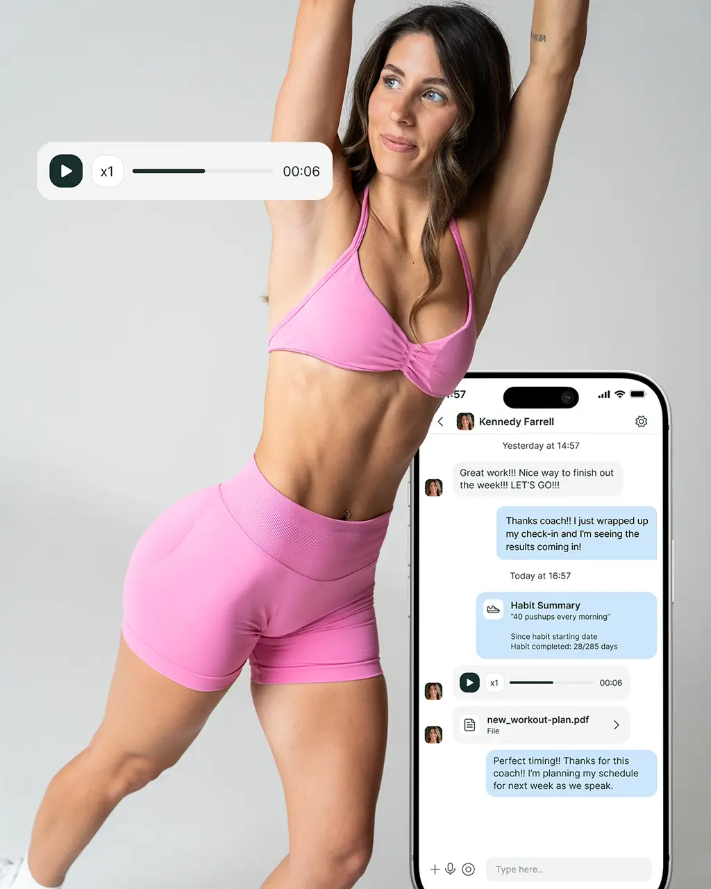 Kennedy Farrell showcasing chat features through a fitness app